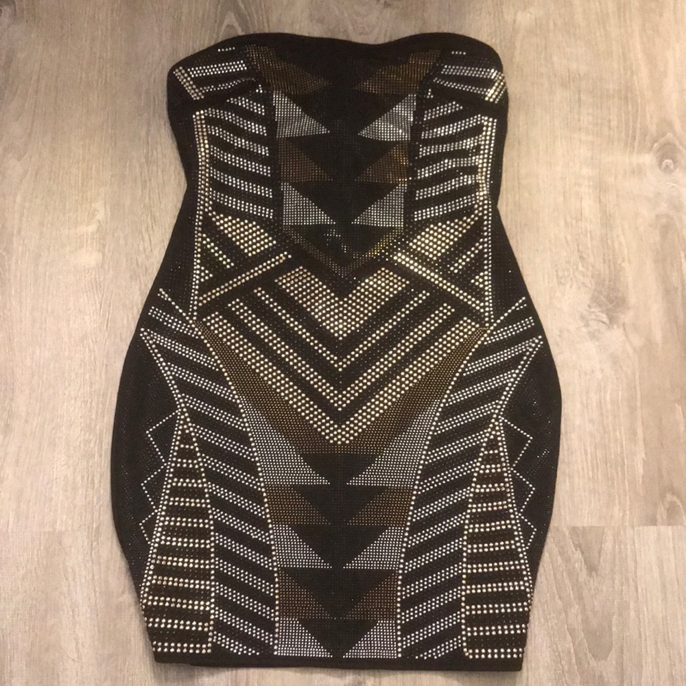 Gold, silver, and black beaded dress